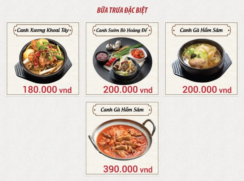 Menu bữa trưa gồm các món canh giúp cân bằng lại bữa ăn nhiều đạm cho thực khách