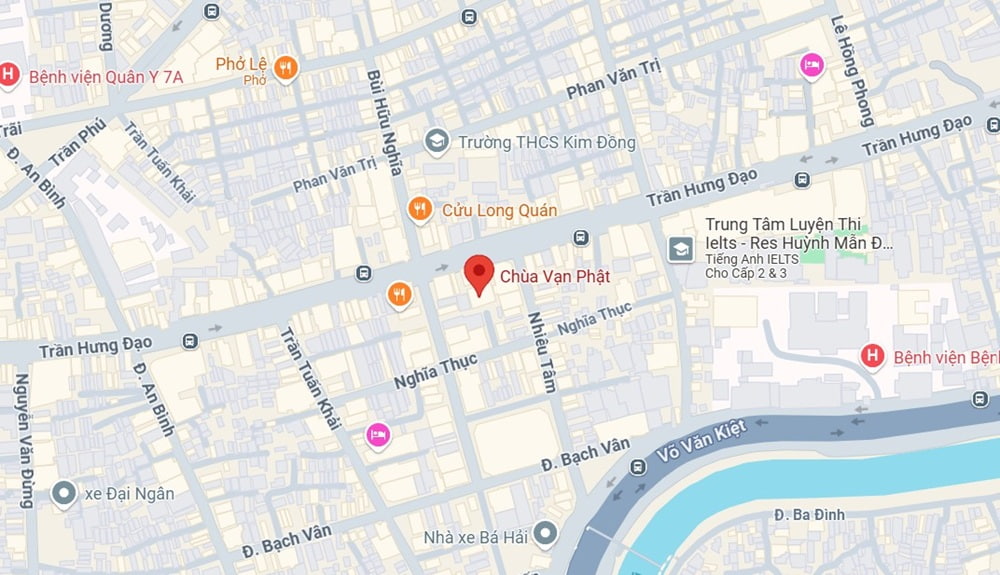 Chùa Vạn Phật nằm trong con hẻm nhỏ trên đường Nghĩa Thục (Ảnh: Google Maps)