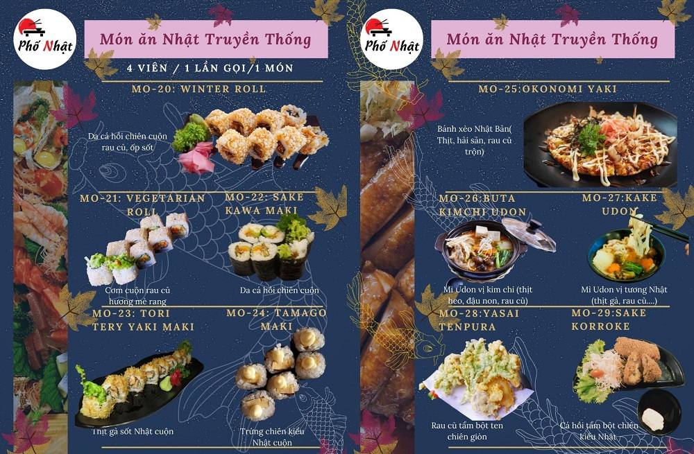 Menu một số món ăn tại Phố Nhật Quán 