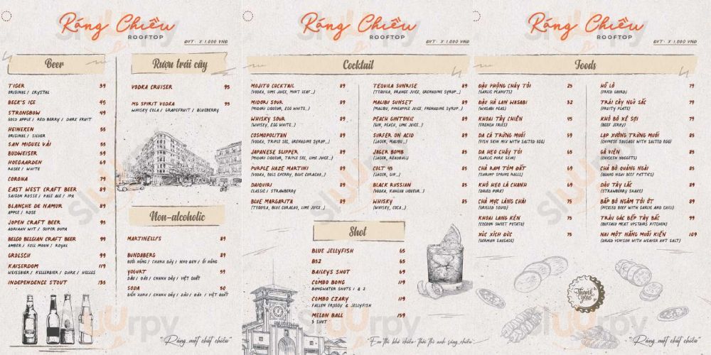 Ráng Chiều Rooftop menu nước uống và đồ ăn vặt