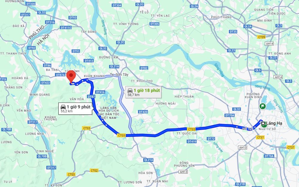 Quãng đường từ Láng Hạ đến khu du lịch Hồ Tiên Sa (Ảnh: Google Maps)