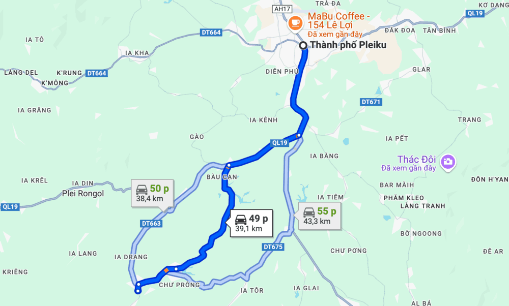 Tuyến đường di chuyển từ trung tâm TP. Pleiku tới thác Xung Khoeng