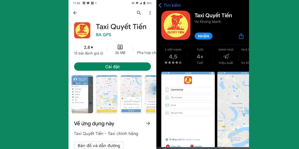 Ứng dụng Taxi Quyết Tiến trên CH Play và App Store 