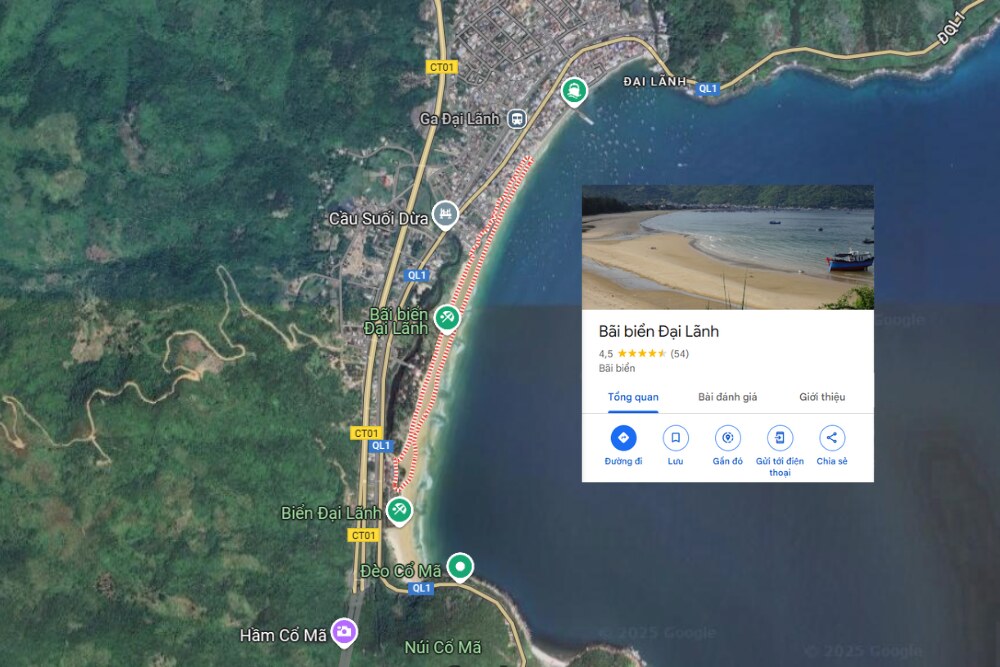 Bản đồ Google Maps hiển thị vị trí Bãi biển Đại Lãnh (Ảnh: Google maps)