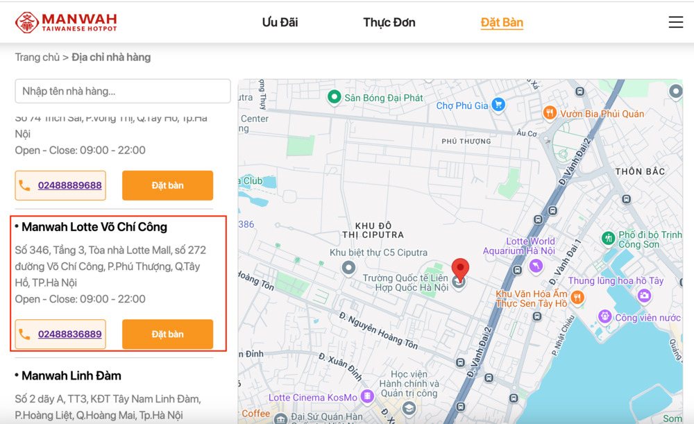 Màn hình giao diện đặt bàn online của Manwah