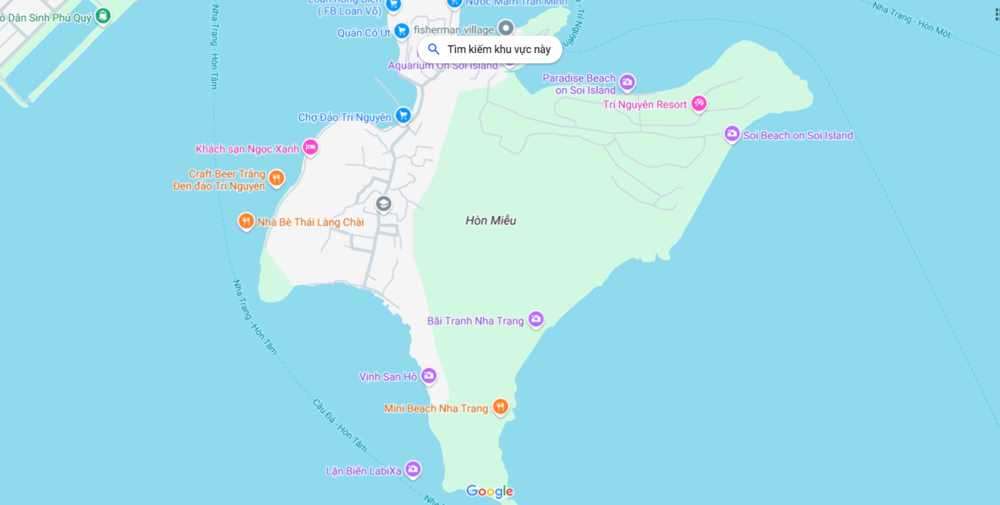 Hình ảnh bản đồ vị trí đảo Hòn Miễu trên vịnh Nha Trang ( Ảnh Google maps)