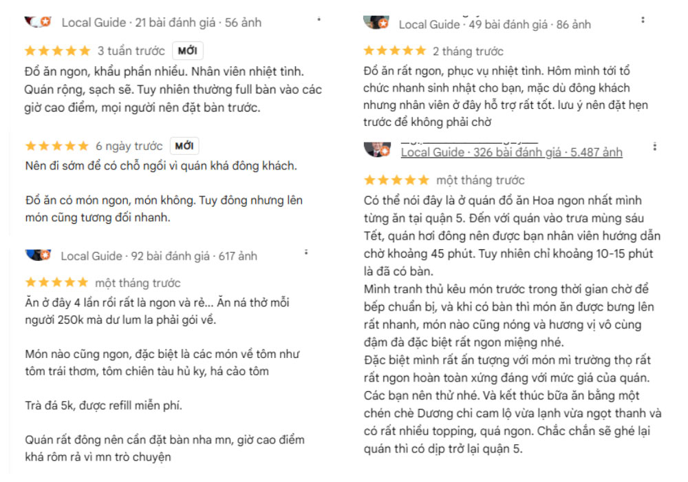 Một số phản hồi về đồ ăn và dịch vụ tại nhà hàng từ thực khách (Ảnh: Google Maps)