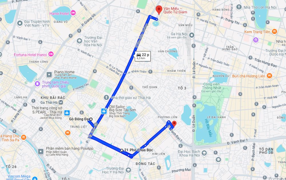 Bản đồ di chuyển đến các địa điểm nổi bật tại quận Đống Đa (Ảnh: Google Maps)
