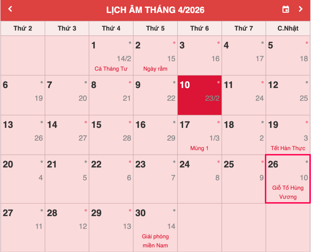 Lịch nghỉ lễ Giỗ Tổ Hùng Vương năm 2026 (Ảnh: Sưu tầm internet)