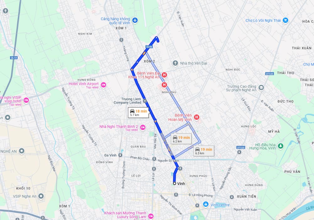 Gợi ý lộ trình từ trung tâm thành phố đến bến xe phía Đông thành phố Vinh (Ảnh: Google Maps)