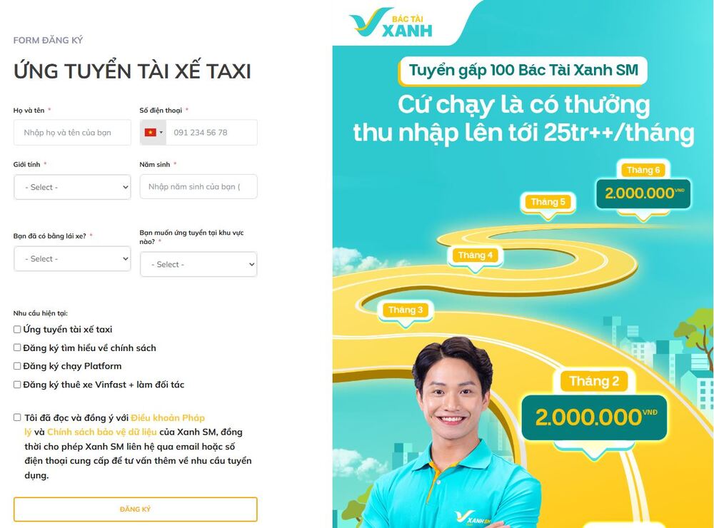 Form đăng ký online để trở thành bác tài Xanh