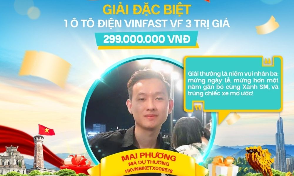Bác tài Mai Phương là người đầu tiên may mắn trúng ô tô điện VinFast VF 3 trong phiên quay số ngày 30/04/2025 (Ảnh: Xanh SM)