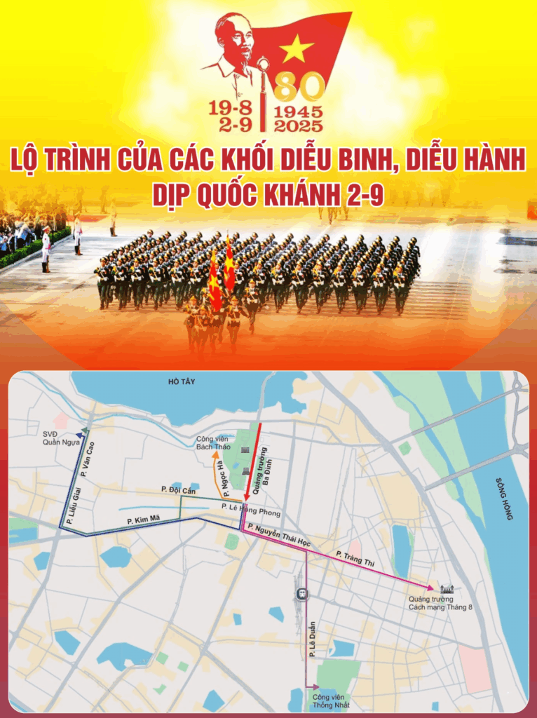 Lộ trình của các khối diễu binh, diễu hành dịp Quốc khánh 2/9. (Ảnh: dantri.com.vn, hanoimoi.vn)
