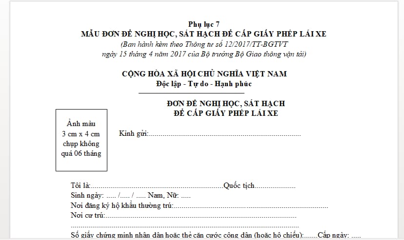 Mẫu đơn đề nghị học thi bằng lái xe