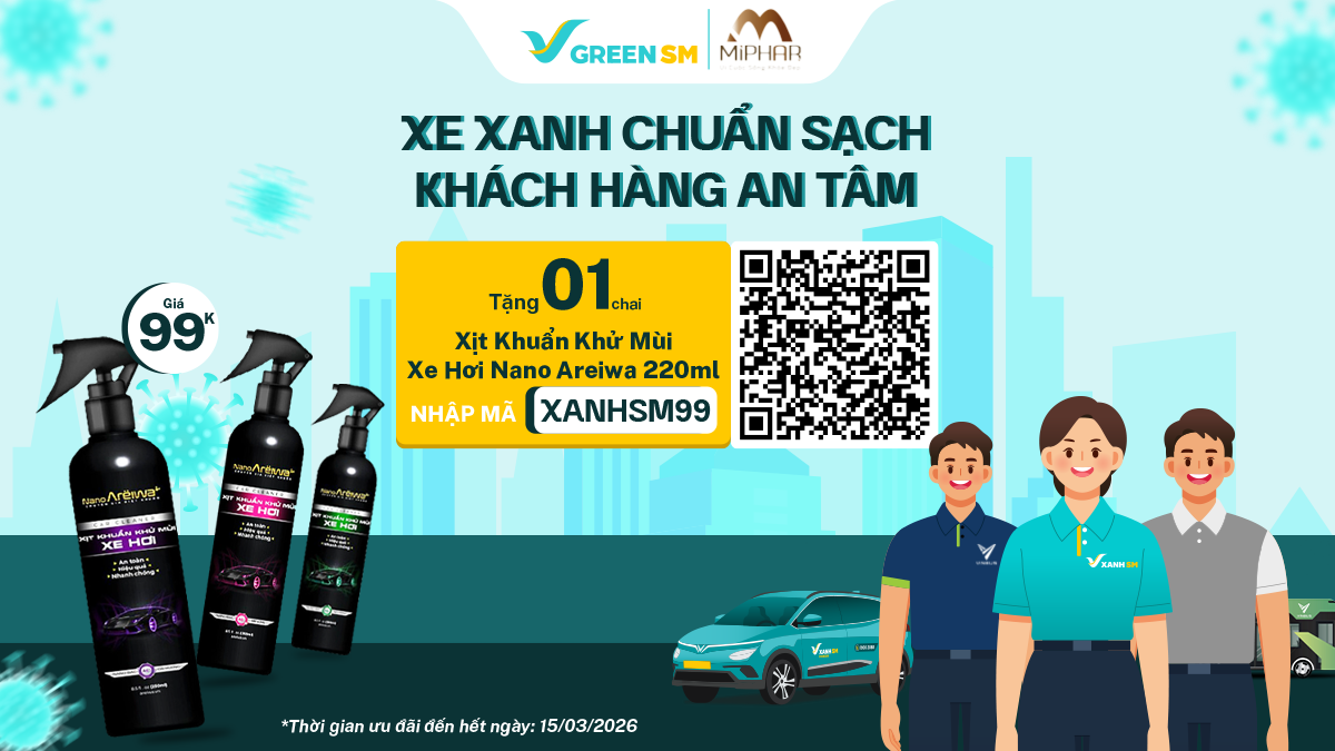 XANH HOT DEAL | Tặng Miễn Phí Chai Xịt Khử Khuẩn NANO AREIWA - Xe Xanh Chuẩn Sạch, Khách Hàng An Tâm