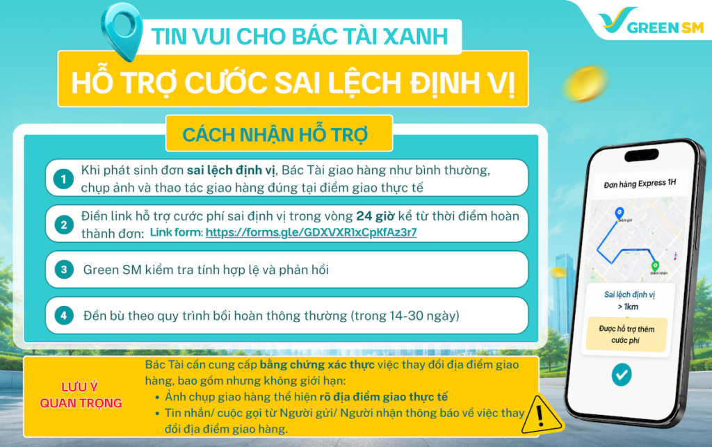 Chính sách hỗ trợ cước phí cho tài xế khi gặp lỗi sai lệch định vị dành cho các đơn hàng Express Doanh Nghiệp  