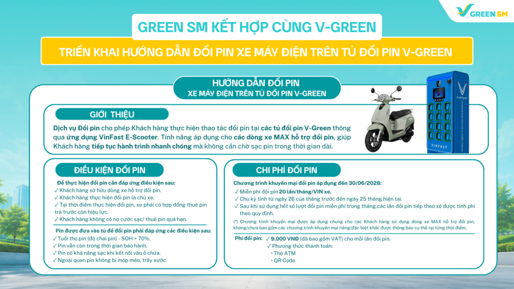 Green SM kết hợp cùng V-Green triển khai hướng dẫn đổi pin xe máy điện trên tủ đổi pin V-Green
