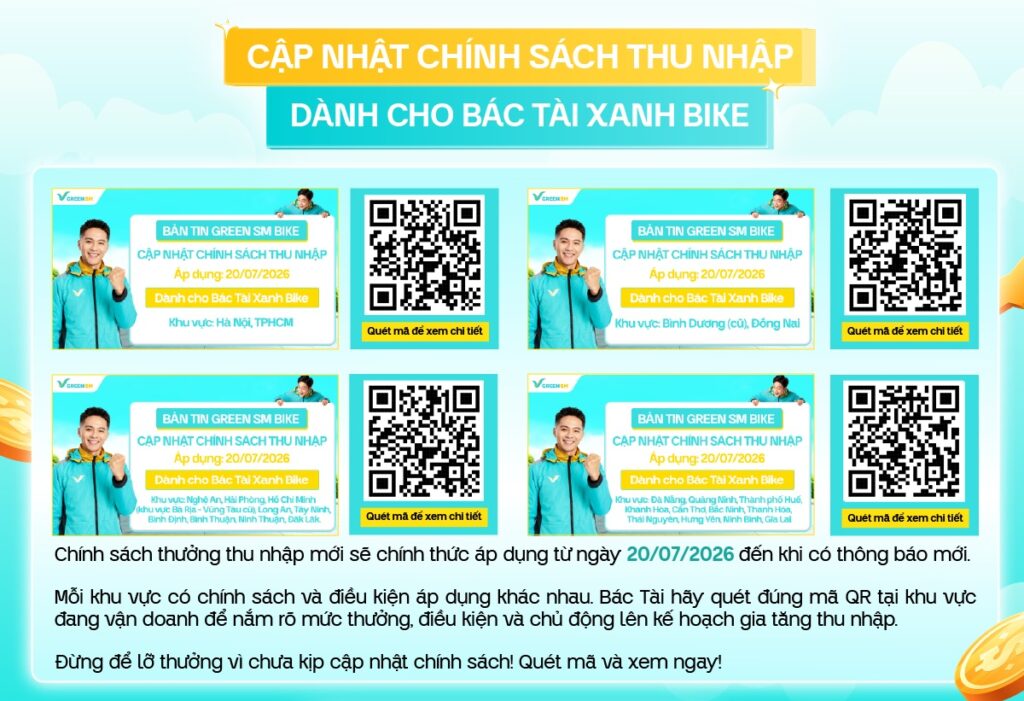 1. Cập nhật chính sách thu nhập dành cho Bác Tài Xanh Bike