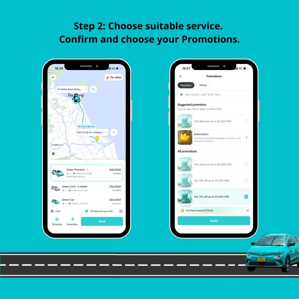 Step 2. The display shows every available Green SM services. Choose the suitable service, review the fare estimate, confirm your booking, and track your driver's arrival in real time.