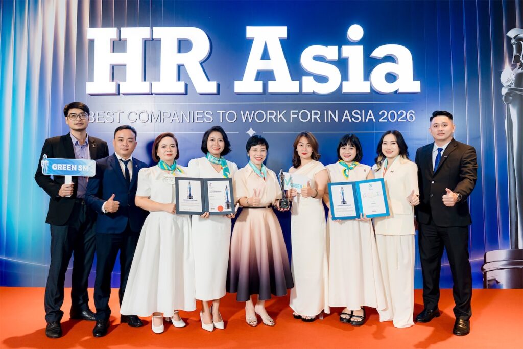 Đội ngũ Green SM tại Lễ trao giải HR Asia Awards 2026, thể hiện tinh thần gắn kết của một tổ chức đa quốc gia đang mở rộng từ Việt Nam ra các thị trường quốc tế.