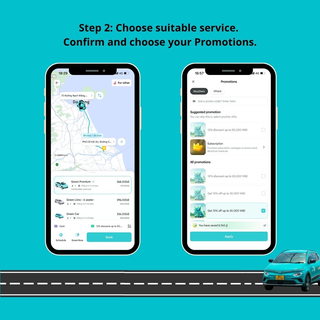 Step 2. The display shows every available Green SM services. Choose the suitable service, review the fare estimate, confirm your booking, and track your driver's arrival in real time.