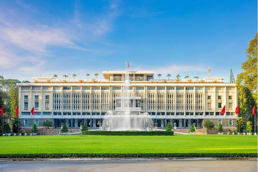 The Reunification Palace under the morning sun shines.