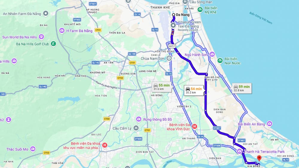 Map showing the driving route between Da Nang and Hoi An