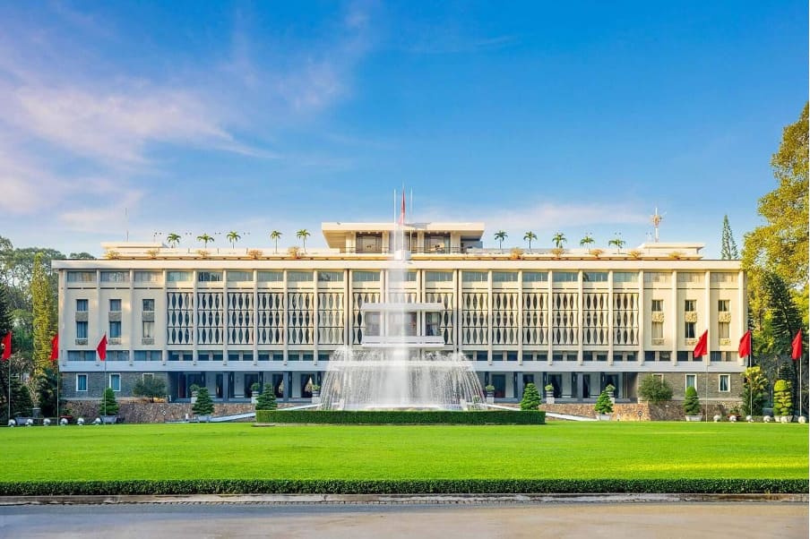 The Reunification Palace under the morning sun shines