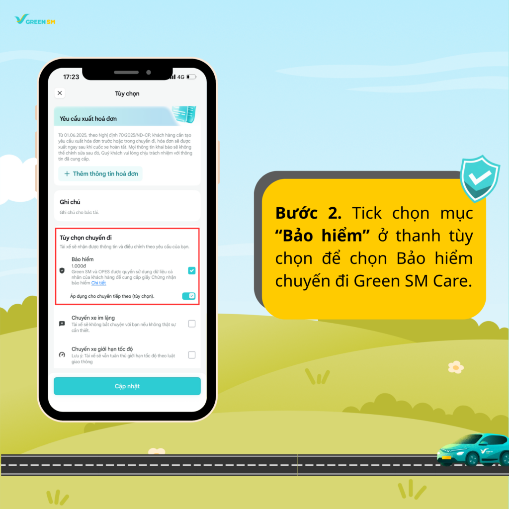 Bước 2. Tick chọn mục “Bảo hiểm” ở thanh tùy chọn để tham gia Bảo hiểm chuyến đi Green SM Care.
